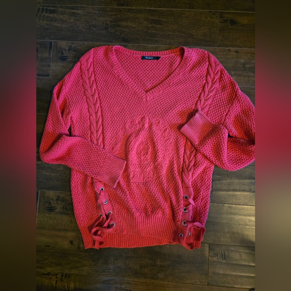 BOGO Desigual V-Neck Sweater in Vibrant Coral